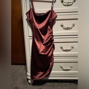 Brown Satin Dress with Rhinestone Straps